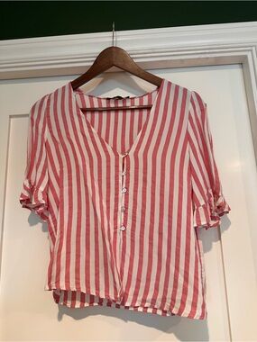 Zara Pink & White Vertical Stripe V-Neck Blouse